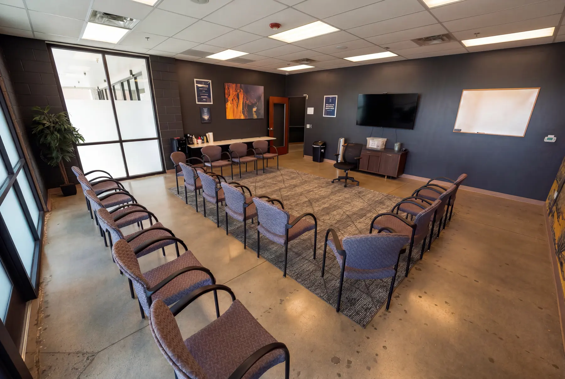 The main group room at Holdfast Recovery set out for a session