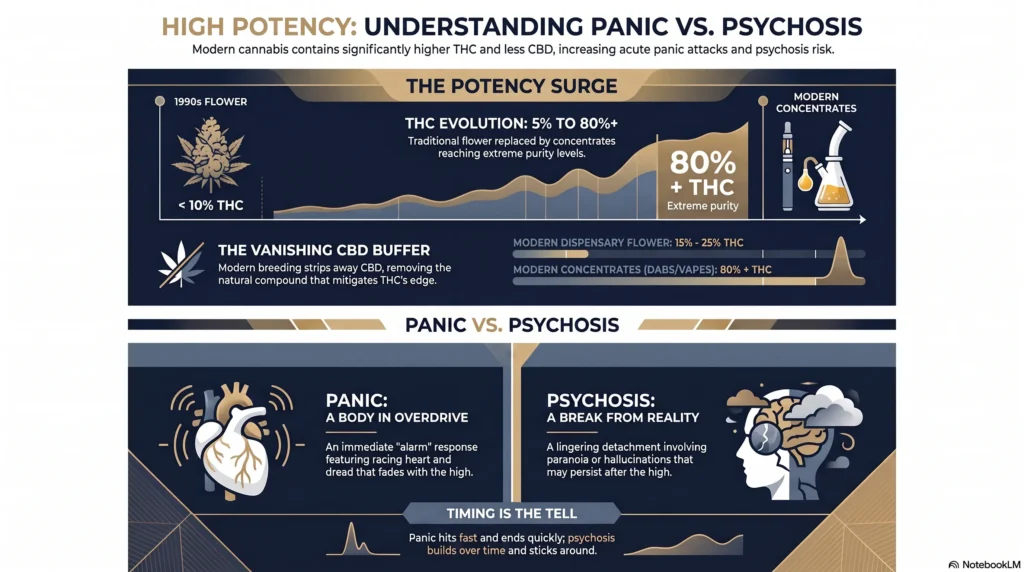 Educational infographic by Holdfast Recovery titled "High Potency: Understanding Panic vs. Psychosis." It illustrates the evolution of cannabis potency from under 10% THC in 1990s flower to over 80% in modern concentrates, noting the removal of the natural CBD buffer. The graphic compares panic attacks (a temporary physical alarm response with a racing heart) to psychosis (a lingering detachment involving paranoia or hallucinations), highlighting that timing is the key differentiator: panic hits fast and ends quickly, whereas psychosis builds over time and persists after the high fades.