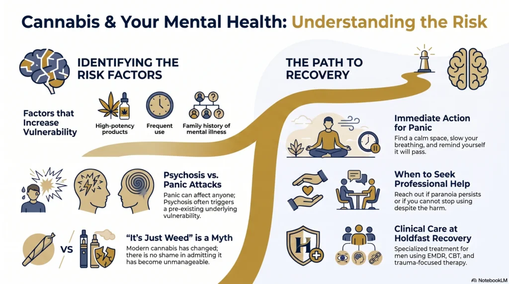 Infographic by Holdfast Recovery titled "Cannabis & Your Mental Health: Understanding the Risk." It outlines vulnerability factors such as high-potency products, frequent use, and family history of mental illness. The graphic dispels the "It's Just Weed" myth by comparing modern concentrates to traditional flower, differentiates panic attacks from psychosis, and provides a recovery roadmap including breathing techniques, seeking professional help, and specialized trauma-focused clinical care for men utilizing EMDR and CBT at Holdfast Recovery.
