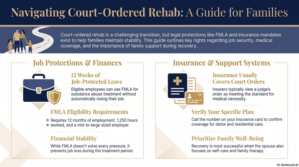 Infographic "Navigating Court-Ordered Rehab: A Guide for Families" covering job protections and finances — 12 weeks of FMLA job-protected leave, FMLA eligibility requirements, and financial stability — and insurance and support systems, including that insurers usually treat a court order as meeting medical necessity, how to verify your plan, and the importance of prioritizing family well-being.