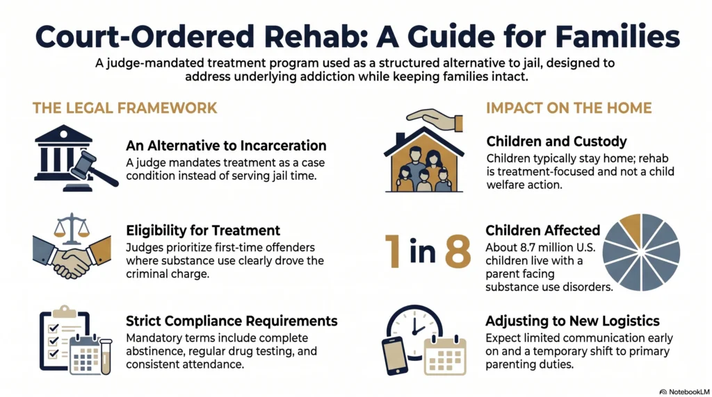 Infographic "Court-Ordered Rehab: A Guide for Families" explaining the legal framework — judge-mandated treatment as an alternative to incarceration, eligibility favoring first-time offenders, and strict compliance requirements — alongside its impact on the home, including that children typically stay home, that about 1 in 8 U.S. children live with a parent who has a substance use disorder, and the shift in daily parenting logistics.