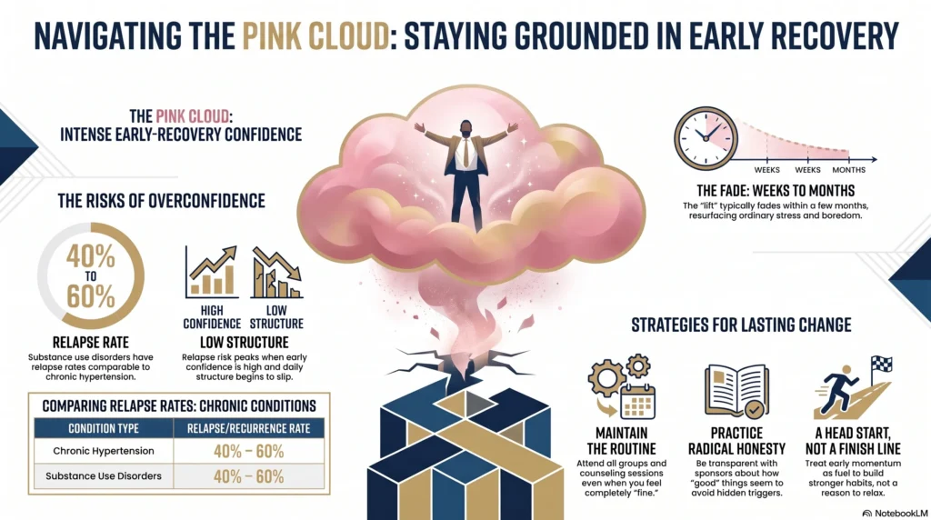 Infographic "Navigating the Pink Cloud: Staying Grounded in Early Recovery" covering the risks of overconfidence (a 40–60% relapse rate comparable to chronic hypertension, and high confidence with low structure), how the lift fades over weeks to months, and strategies for lasting change: maintain the routine, practice radical honesty, and treat early momentum as a head start rather than a finish line.