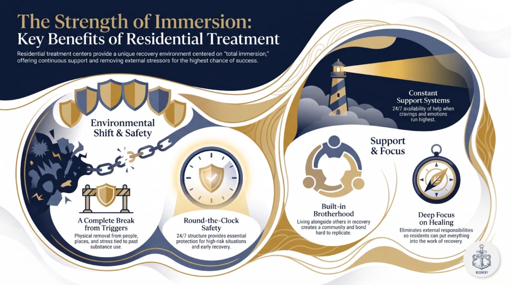 Infographic "The Strength of Immersion: Key Benefits of Residential Treatment" showing five benefits: a complete break from triggers, round-the-clock safety, constant 24/7 support, built-in brotherhood, and deep focus on healing.