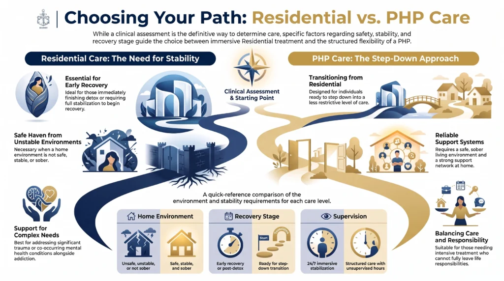 Infographic "Choosing Your Path: Residential vs. PHP Care" comparing when immersive residential treatment fits (early recovery, unsafe home, complex needs) versus when a PHP step-down fits (transitioning from residential, reliable home support, balancing responsibilities), with a quick-reference table on home environment, recovery stage, and supervision.