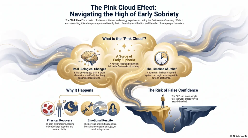 Infographic "The Pink Cloud Effect: Navigating the High of Early Sobriety" explaining that the pink cloud is a surge of early euphoria tied to real biological changes in brain chemistry and dopamine, why it happens (physical recovery and emotional respite), and the risk of false confidence it can create in early recovery.