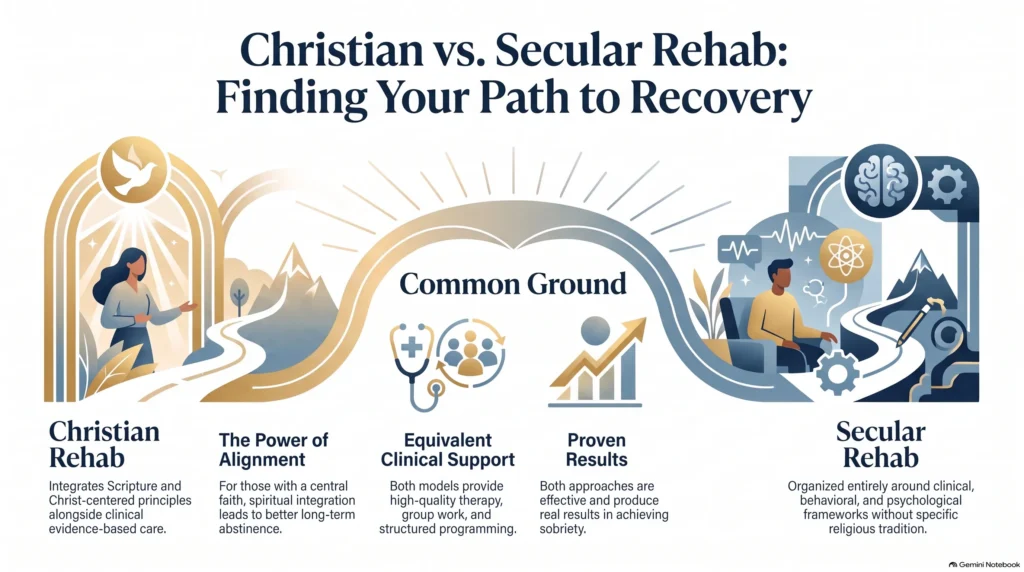 Infographic "Christian vs. Secular Rehab: Finding Your Path to Recovery" contrasting Christian rehab (Scripture and Christ-centered principles alongside clinical care) with secular rehab (clinical, behavioral, and psychological frameworks), and noting their common ground: both provide equivalent clinical support and produce proven results.