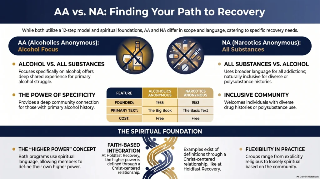 Infographic "AA vs. NA: Which Path is Right for You?" showing the shared foundation of both programs (the 12-step framework, sponsorship, peer support, and free accessible attendance), each program's individual focus (AA founded 1935, powerless over alcohol, The Big Book; NA founded in the 1950s, powerless over addiction, the NA Basic Text), and research showing that consistent attendance predicts success more than the specific program chosen.