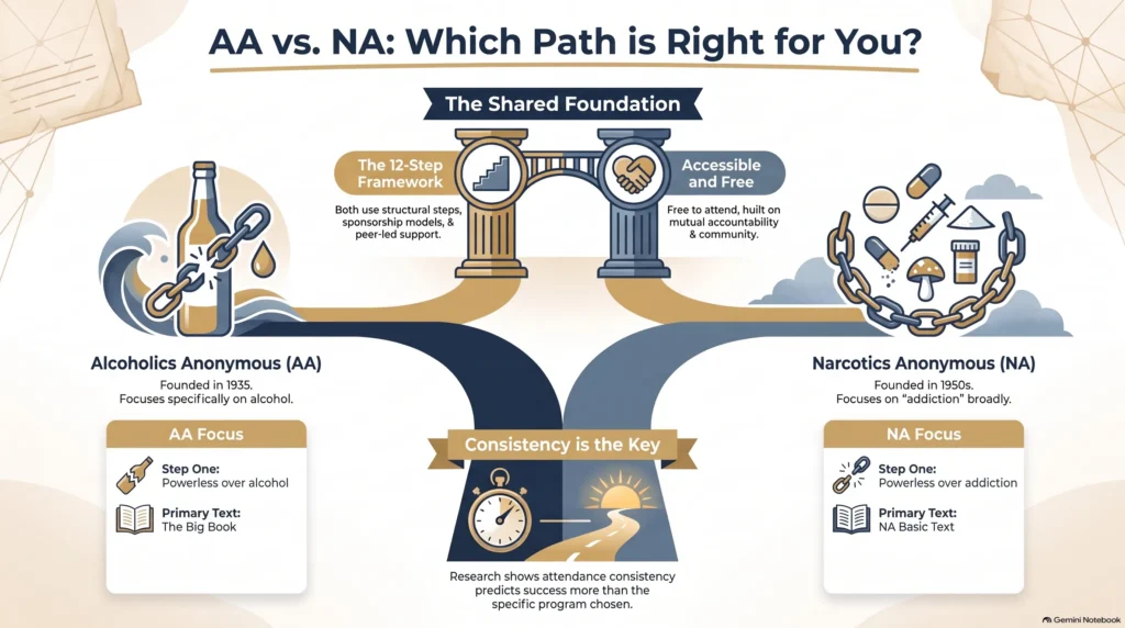 Infographic "AA vs. NA: Finding Your Path to Recovery" comparing Alcoholics Anonymous (focused specifically on alcohol, offering deep shared experience) with Narcotics Anonymous (broader language inclusive of all substances and polysubstance histories), and the shared spiritual foundation both rely on, including a member-defined higher power, Holdfast Recovery's Christ-centered integration, and flexibility in how religious each group is.