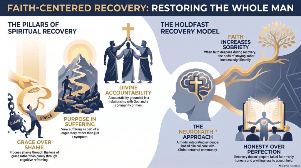 Infographic "Faith-Centered Recovery: Restoring the Whole Man" outlining the pillars of spiritual recovery (grace over shame, purpose in suffering, and divine accountability grounded in a relationship with God) and the Holdfast Recovery model (the NeuroFaith approach integrating clinical care with Christ-centered community, deepening faith increasing the odds of sobriety, and honesty over perfection).