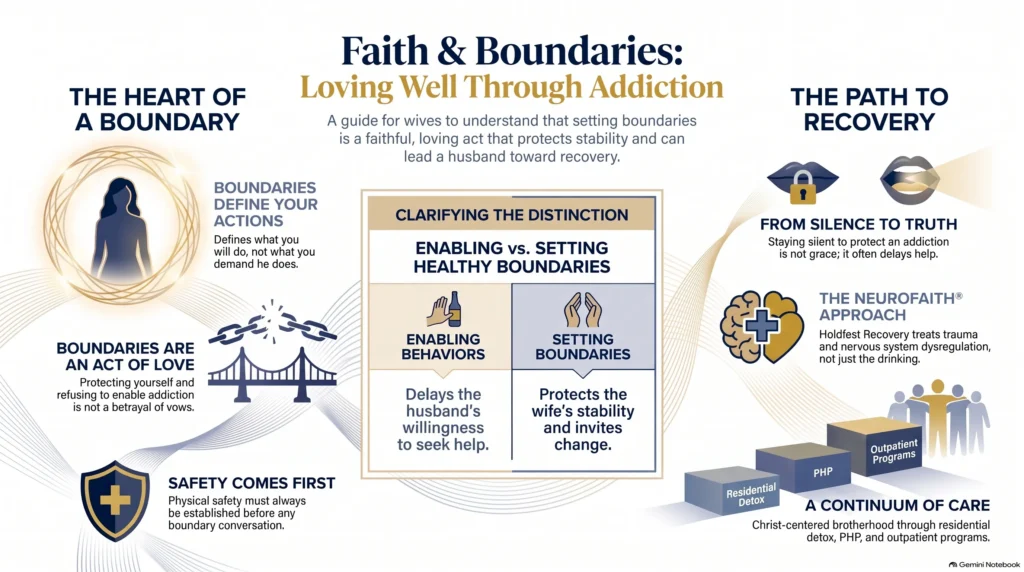 Infographic "Faith & Boundaries: Loving Well Through Addiction" for wives, showing the heart of a boundary (it defines your own actions, is an act of love rather than a betrayal of vows, and always comes after safety), the distinction between enabling behaviors and setting boundaries, and the path to recovery through honesty, the NeuroFaith approach at Holdfast Recovery, and a continuum of care from residential detox through PHP and outpatient programs.
