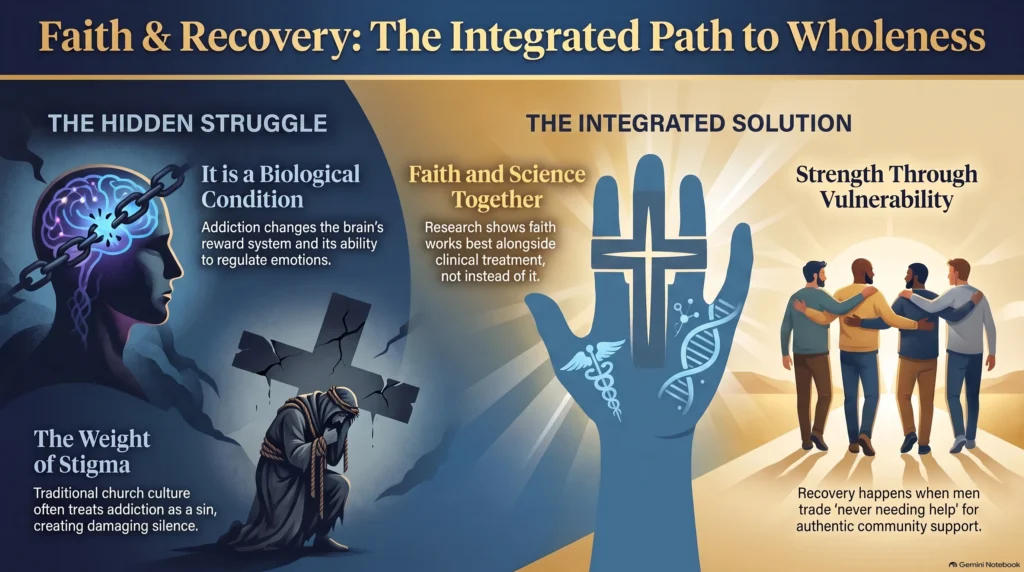 Infographic "Faith & Recovery: The Integrated Path to Wholeness" contrasting the hidden struggle of Christian men with addiction (a biological condition that changes the brain, worsened by church stigma that treats addiction as sin) with the integrated solution: faith and science working together, and strength found through vulnerability and authentic community rather than never needing help.