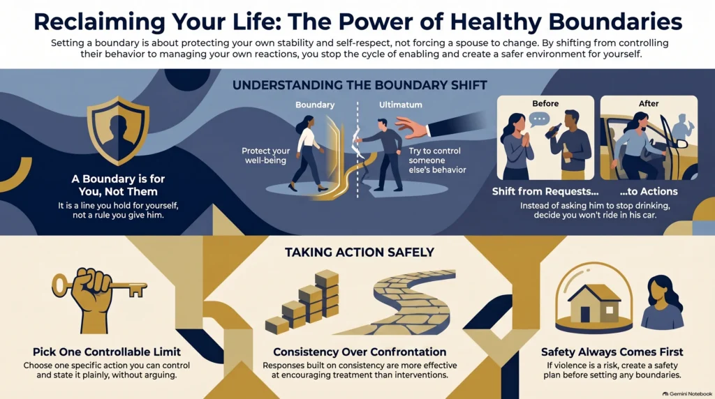 Infographic "Reclaiming Your Life: The Power of Healthy Boundaries" explaining the boundary shift from controlling a spouse's behavior to protecting your own stability (a boundary is a line you hold for yourself, moving from requests to actions), and how to take action safely: pick one controllable limit, choose consistency over confrontation, and always create a safety plan first if violence is a risk.