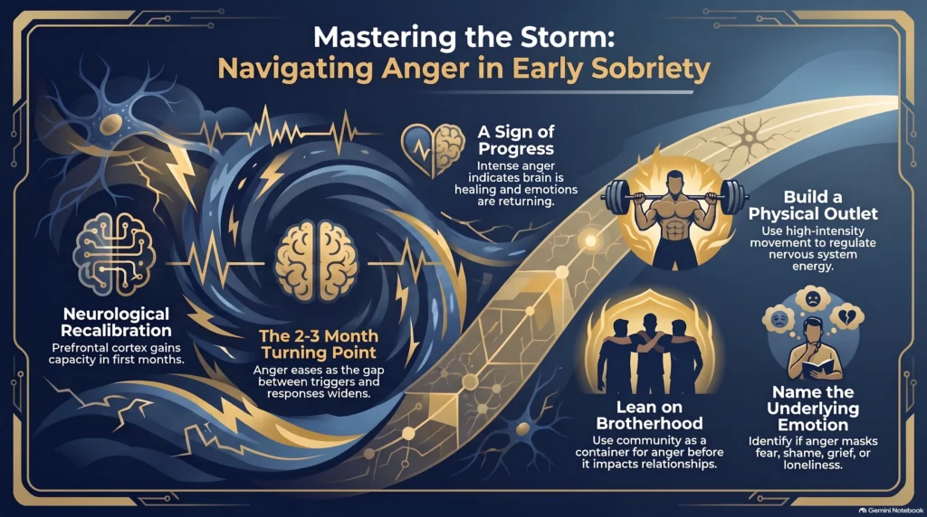Infographic on managing anger in early sobriety: neurological recalibration, the 2-3 month turning point, physical outlets, and naming the emotion beneath.