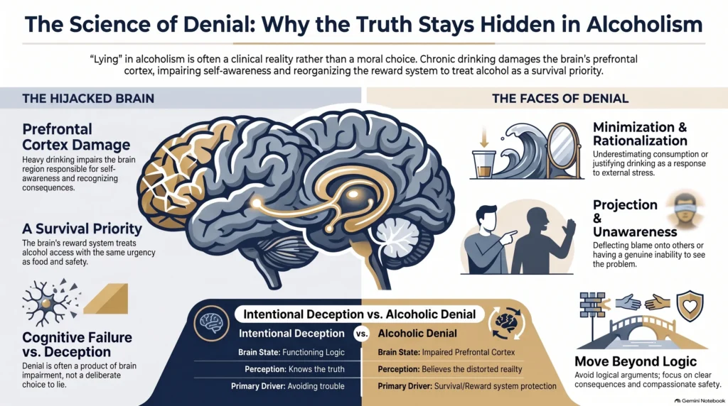 Infographic on denial in alcoholism: prefrontal cortex damage and reward-system hijacking beside the patterns of denial and how families can respond.