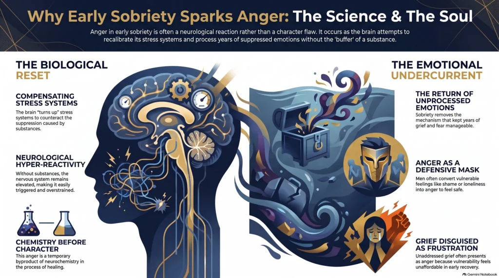 Infographic showing why early sobriety sparks anger: the brain's stress-system reset alongside unprocessed grief and shame surfacing as anger in men.