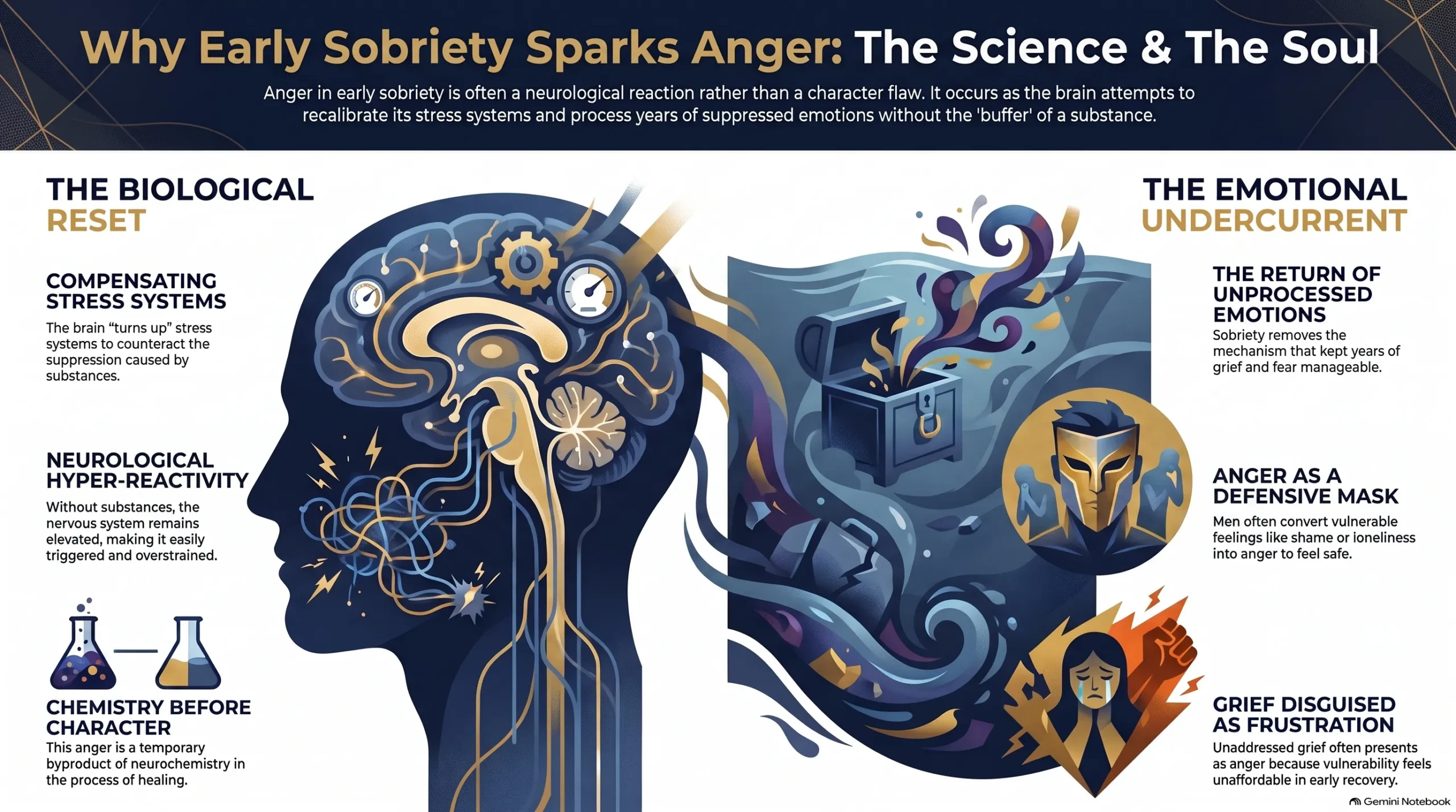 Infographic showing why early sobriety sparks anger: the brain's stress-system reset alongside unprocessed grief and shame surfacing as anger in men.